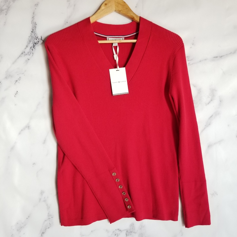 TOMMY HILFIGER Ribbed V-neck Red Sweater, Large